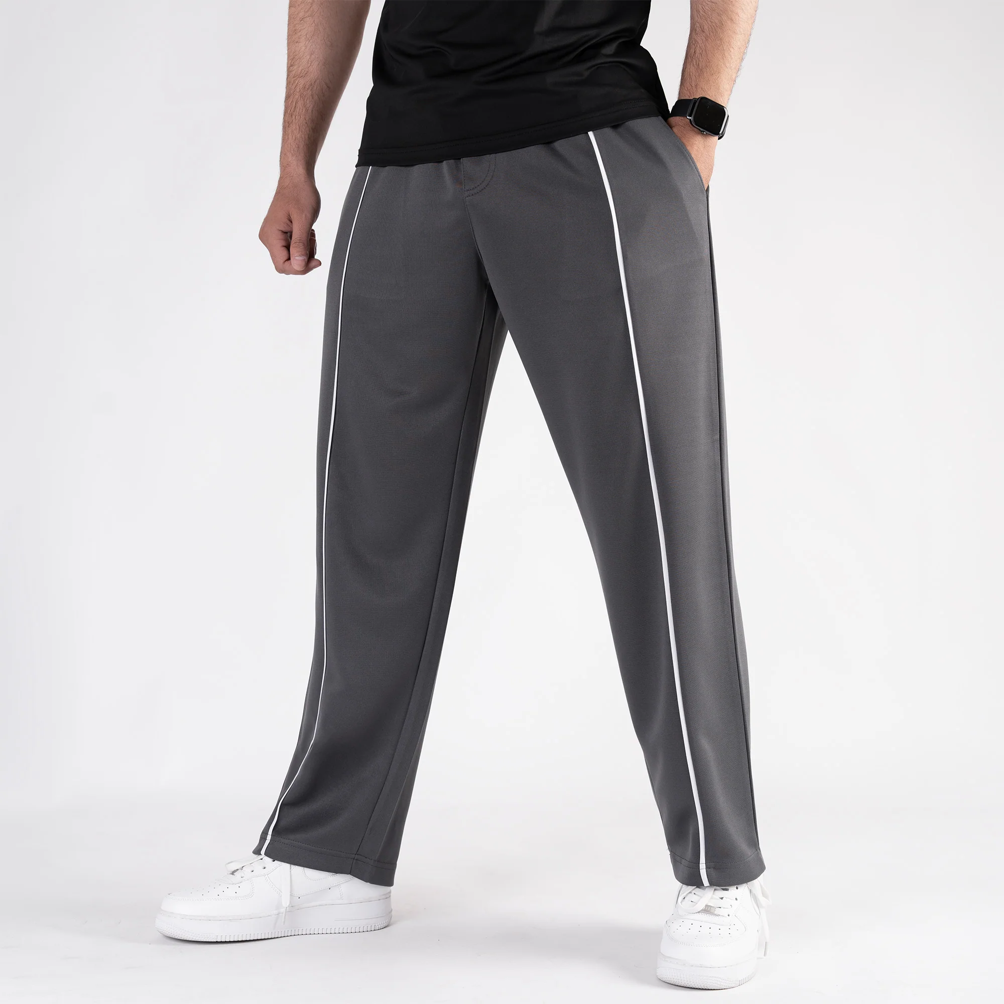 Gray Wide Leg Trouser with Front White Piping - Image 5